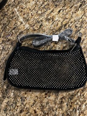 Black Crystal-Studded Shoulder Bag and pouch